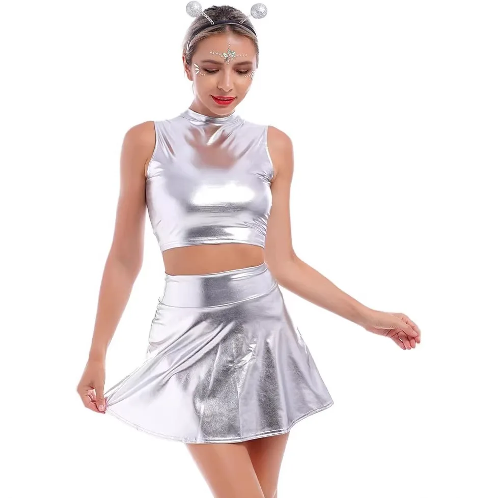 

Bee Costume Woman Skirt set Head Band Halloween Cosplay Outfit Carnival Role Play Metallic Silver Black Clothes 2026