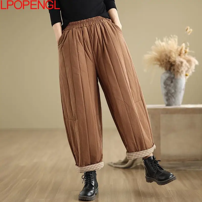 Women\'s Versatile Wide-leg Pants New Autumn And Winter Loose Thickened Elastic Waist Casual Vintage Patchwork Cotton Trousers