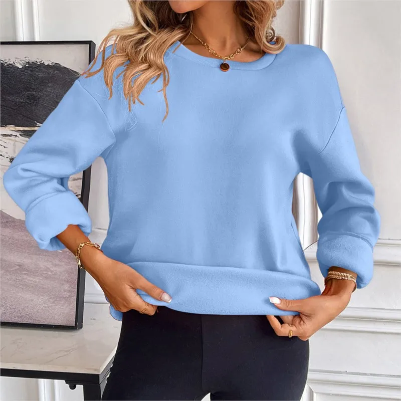 

Solid Color Hoodie Autumn Winter New Women's Loose Round Neck Long Sleeved Casual Pullover With Pocket Top Pulls Femmes