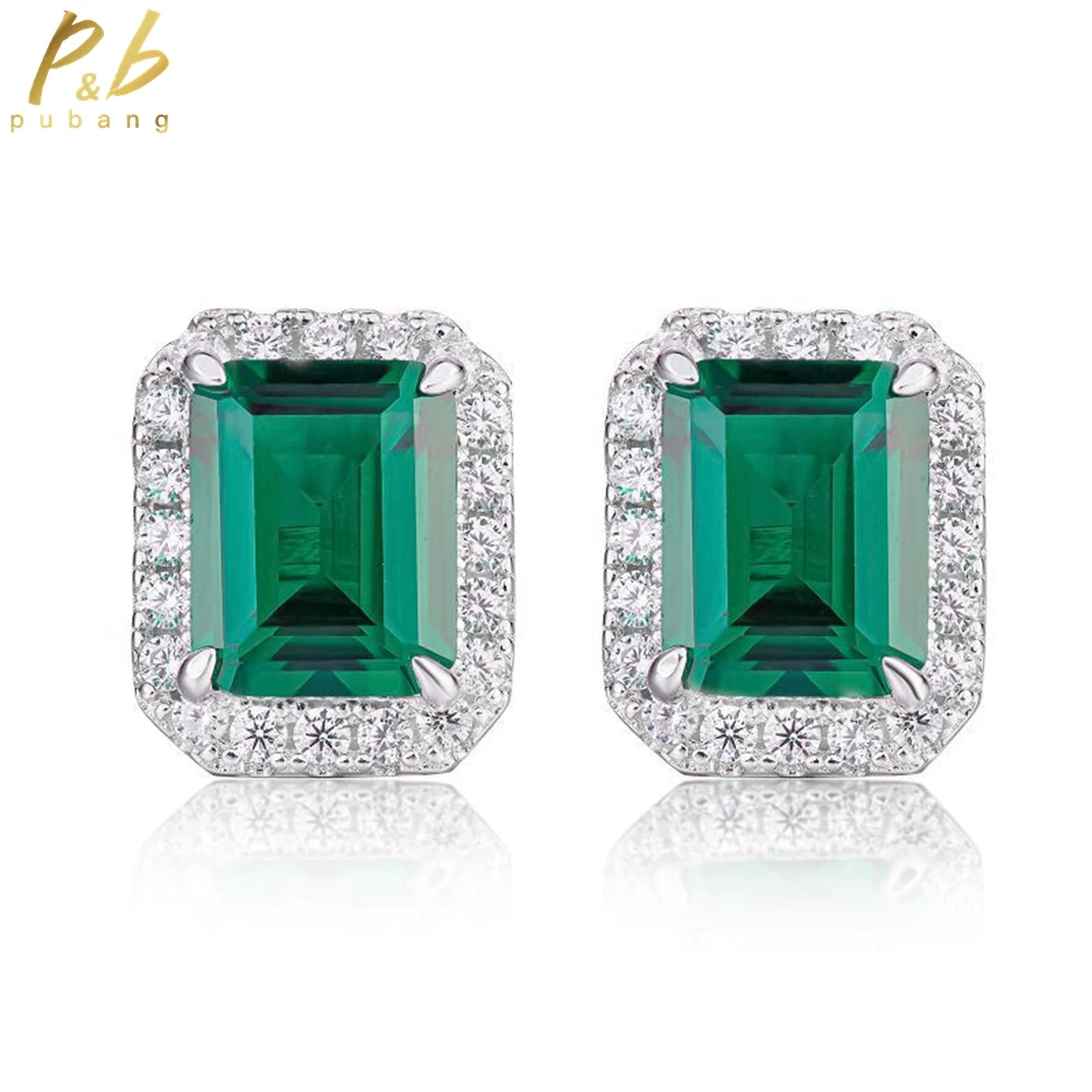 PuBang Fine Jewelry Emerald Sapphire Stud Earrings 925 Sterling Silver Full Gem Created Moissanite for Women Gifts Free Shipping