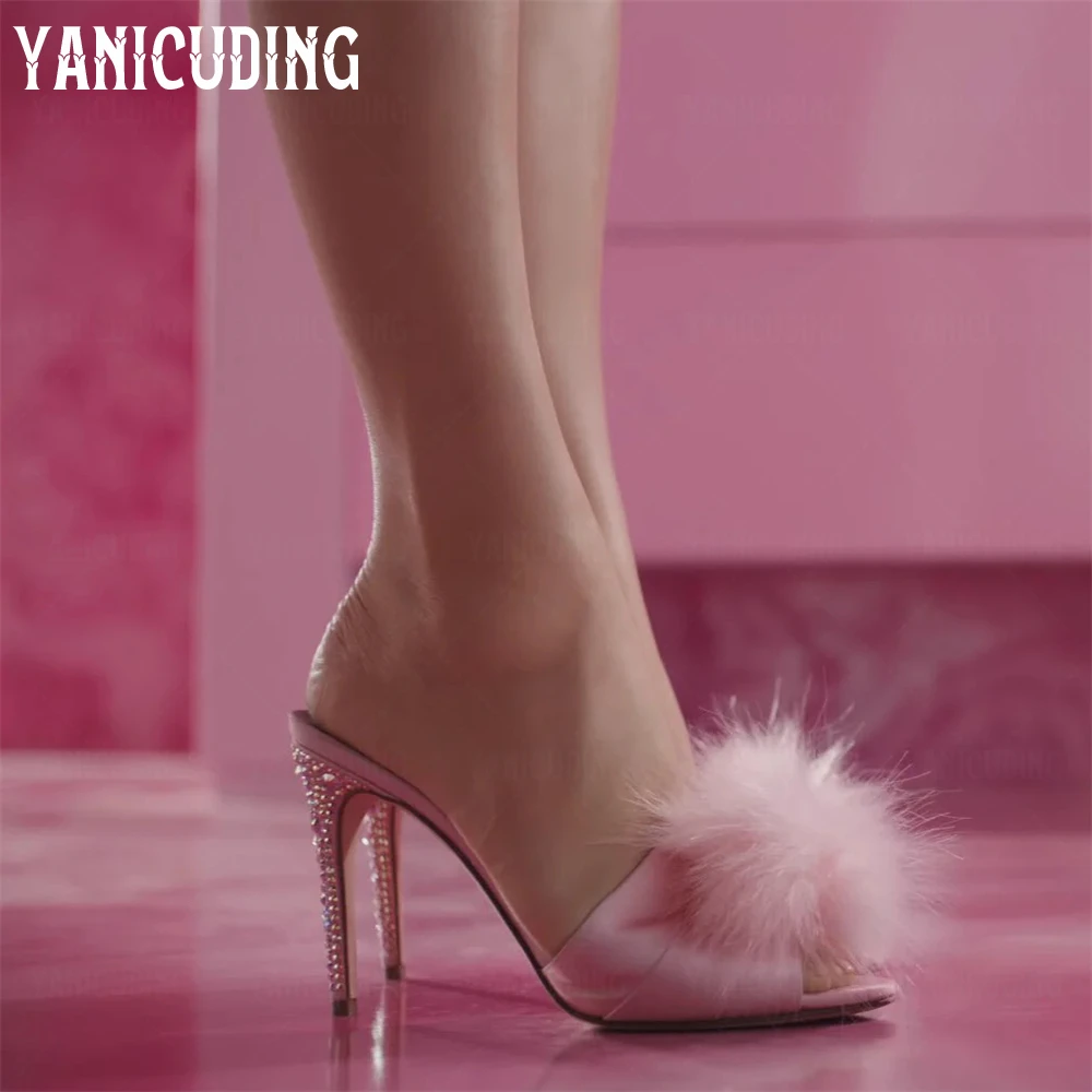 Pink Satin Rhinestone Stiletto Mules Cute Pink Fur Ball Slippers Fashion Style Handmade Shining Crystal Women's Summer Slippers