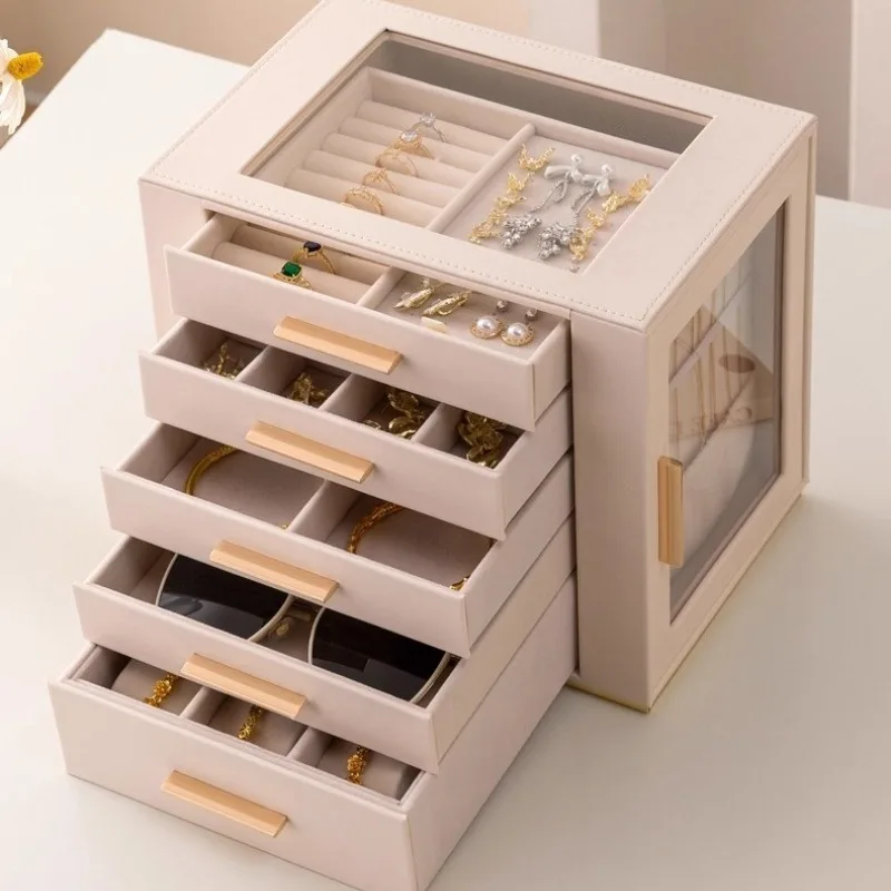 

Leather Jewelry Box Luxury Dustproof Ring Storage Boxes Transparent Glass Necklace Earring Display Case Jewellery Organizer Gift
