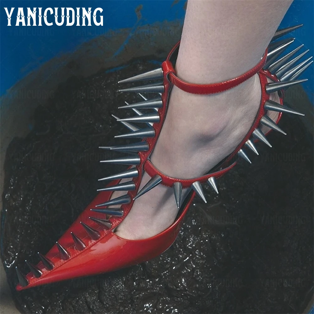 Knife Spiked Patent Leather Sandals Sharp Metallic Nails Stilettos Sexy Punk Style Silver Rivet Pointed Custom Multicolor Heels