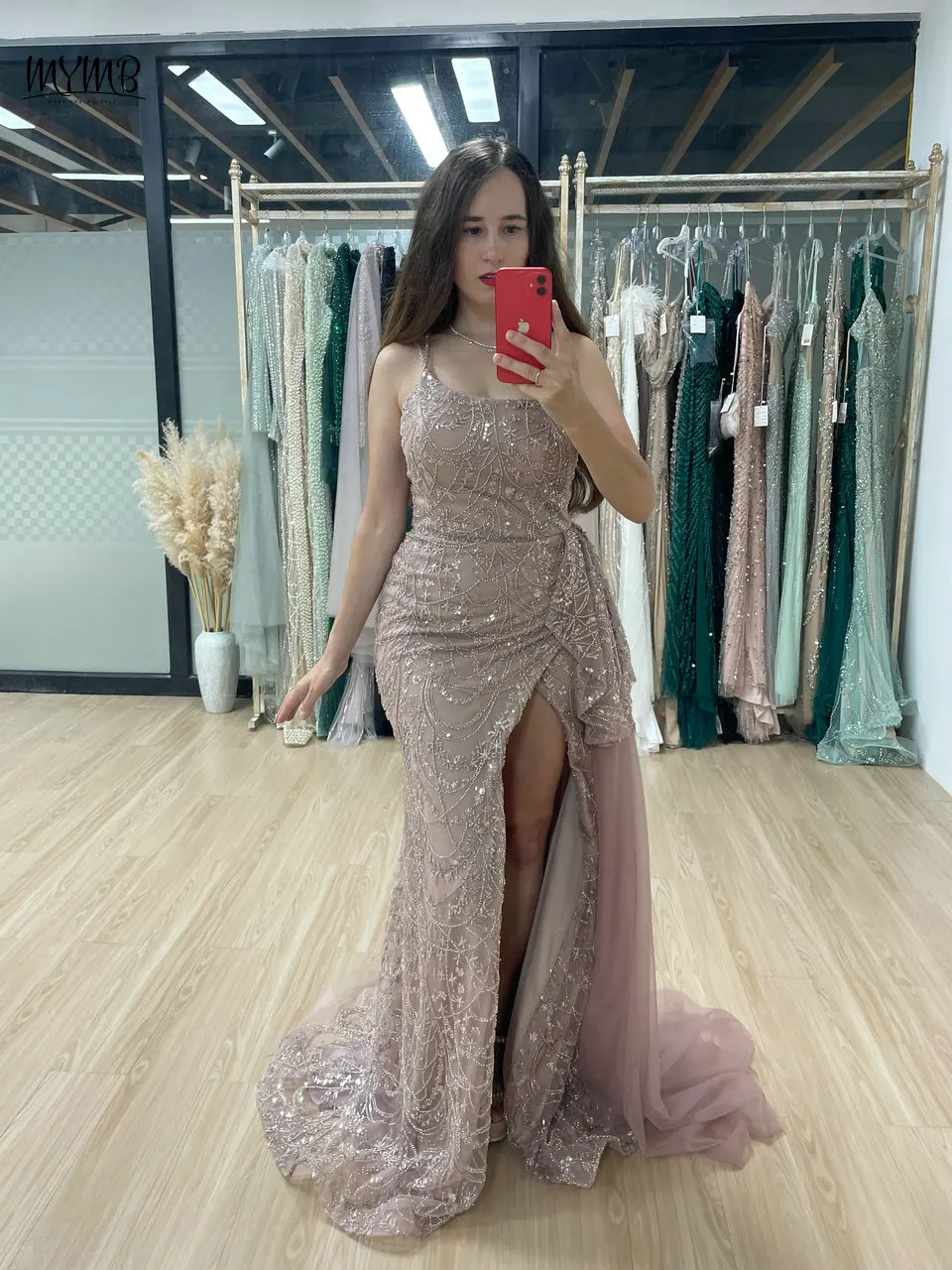 MYMB-vestido formal de noite com fenda alta com um ombro, vestido sereia luxuoso, vestido de baile, trem lateral, fenda, cinta de espaguete, frisado, rosa