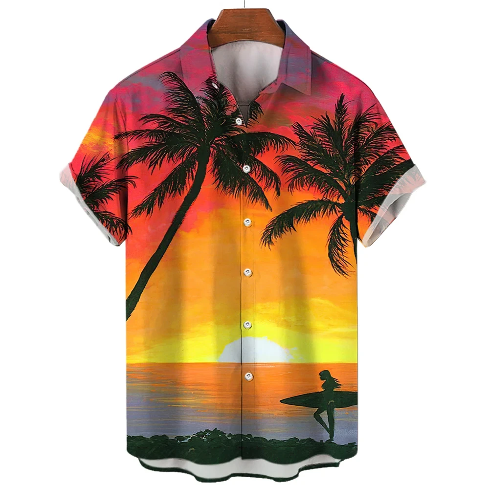 Camisa de manga corta con estampado de palmera Tropical Hawaiana para hombre, Top con botones, playa, moda