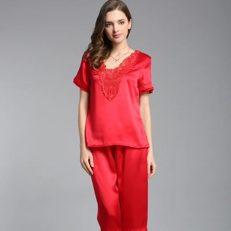 

100% Mulberry Silk Women's Solid Short Sleeve Shirt & Shorts Pajama Set Casual T-shirt Pajamas Soft Lace Nightwear Red Homewear