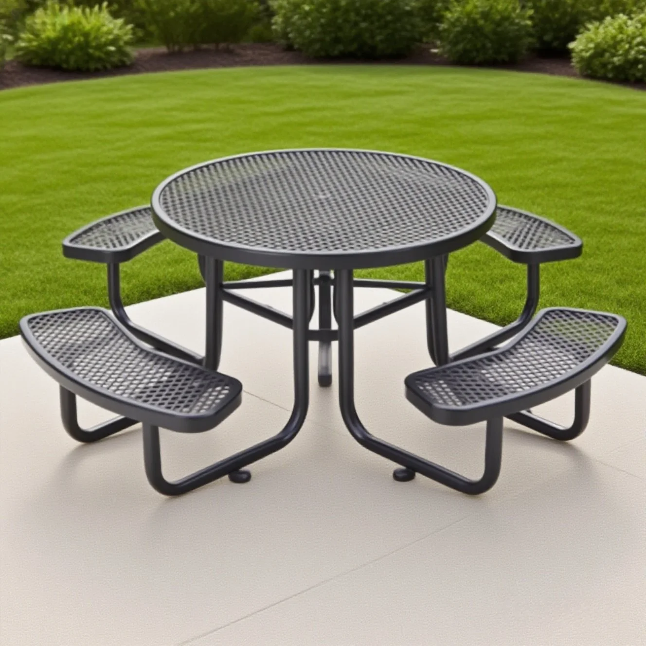 High Quality 46-Inch Black Perforated Metal Outdoor Dining Table Four Benches Modern Design for Courtyard Hotel School Use