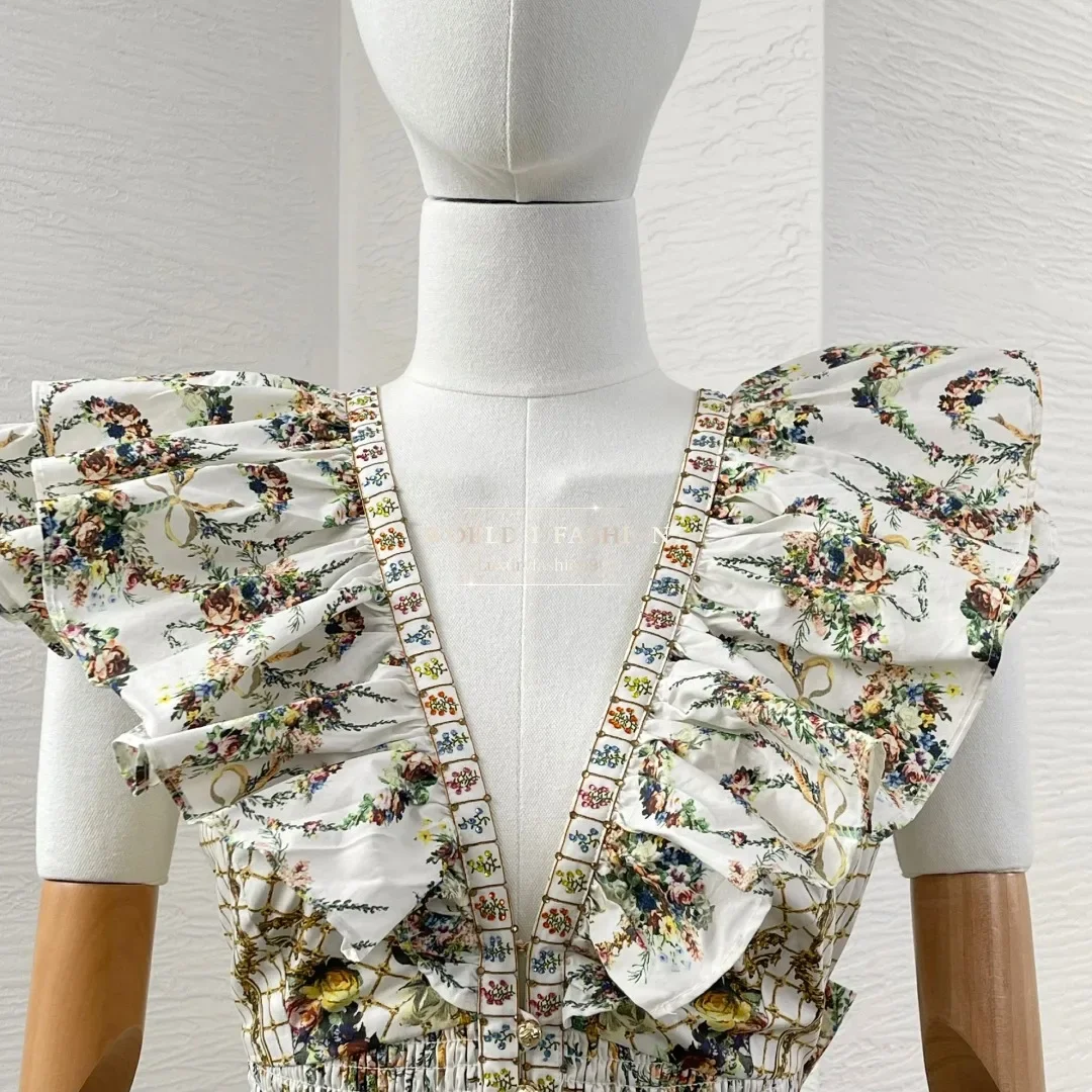 Fotokleur Bloemenprint Mouwloos Plooi Diepe V-hals Diamanten Midi-jurk Zijde