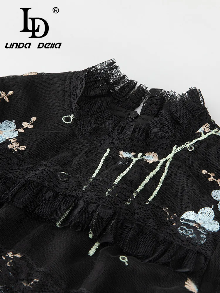 LD LINDA DELLA 2023 Summer Runway Designer Elegant Party Dress Women\'s Black Round Neck Cascading Ruffle Print Splice Lace Dress