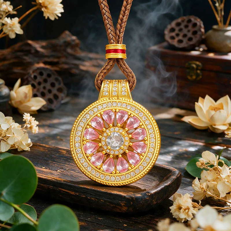 Women's Luxury 9999 24K Real Gold Full Diamond Pink Zirconium Rose Window Compass Pendant Hand Light Luxury Sweater Chain