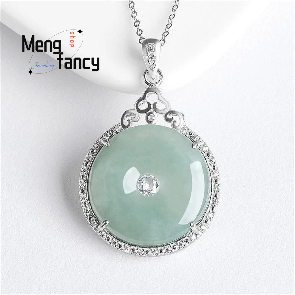 

S925 Silver Inlaid With Natural A-goods Jadeite Blue Water Peace Buckle Ice Jade Pendant Charms Luxury Exquisite Fashion Jewelry