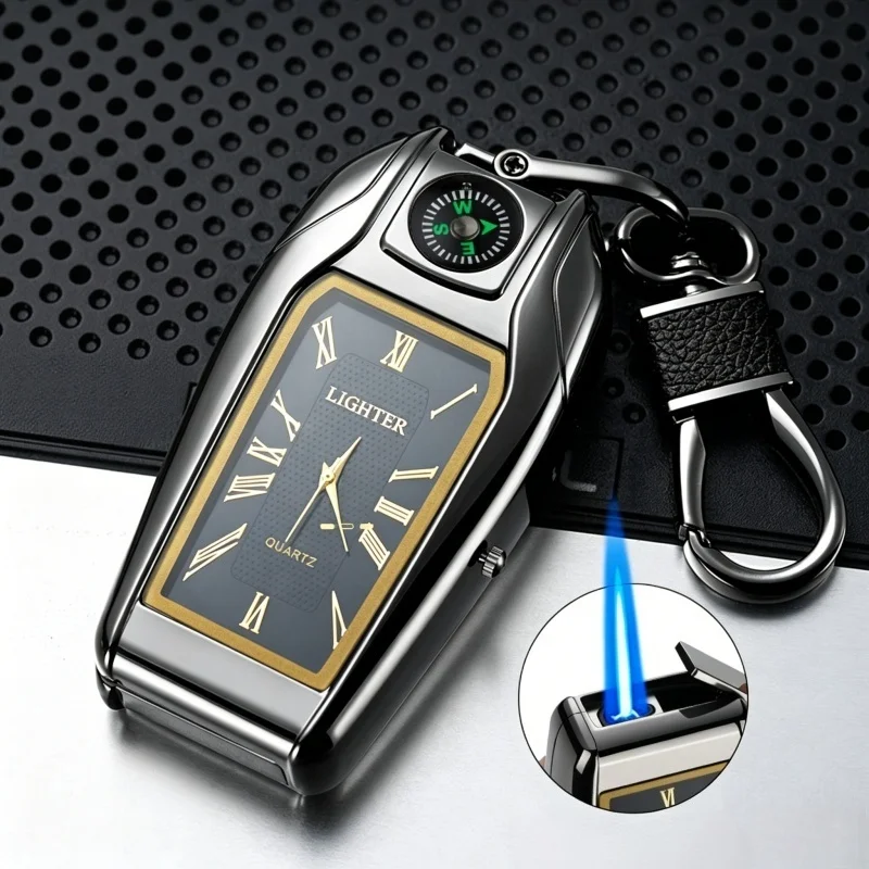 3 in 1 Portable Metal Key Ring Watch Cigar Lighters with Compass Windproof Jet Flame Butane Lighter Men's Gift Practical Tool