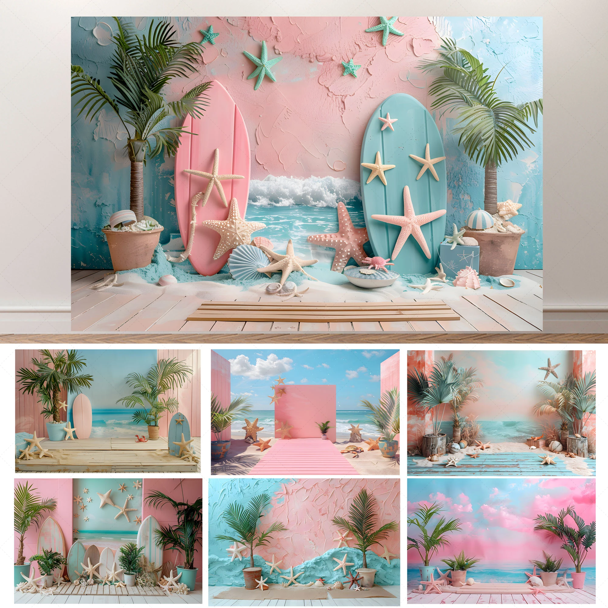 

Summer Tropical Coconut Palm Wind Surfboard Background Cloth Starfish Seaside Beach Carnival Party Portrait Photo Photography