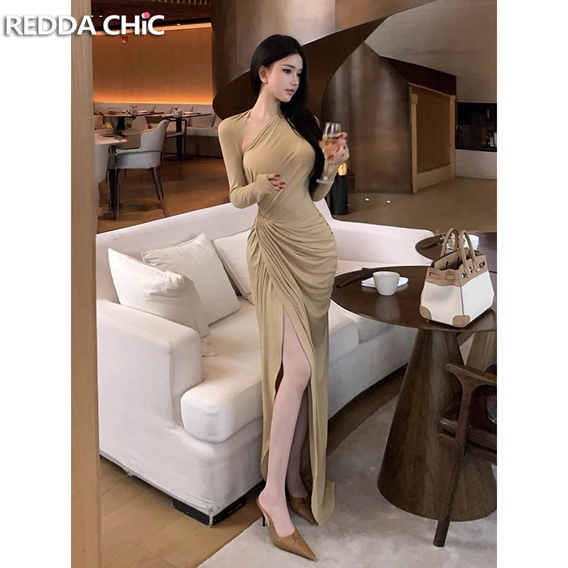REDDACHiC Abito aderente ritagliato da donna Casual tinta unita maniche lunghe lusinghiero abito maxi diviso increspato Abiti autunnali piuttosto eleganti