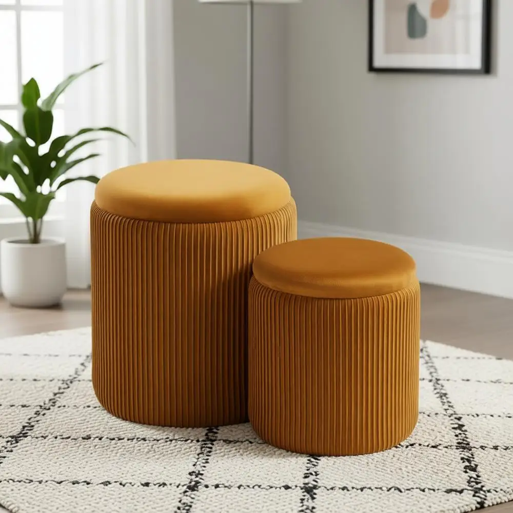 Yellow Velvet Storage Ottoman with Upholstered Vanity Stool and Multifunctional Coffee Table for Living Room & Bedroom
