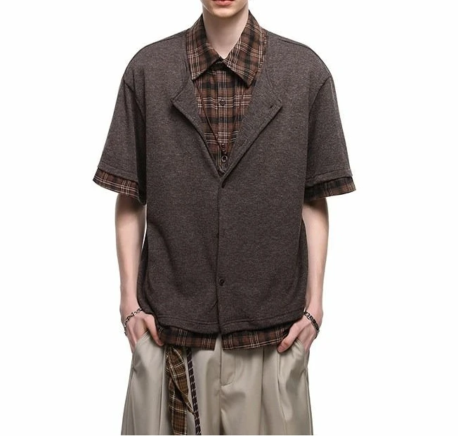 2026 Summer Fake Two-piece Plaid Splicing Shirt Short-sleeved Men's Casual Loose Shirt