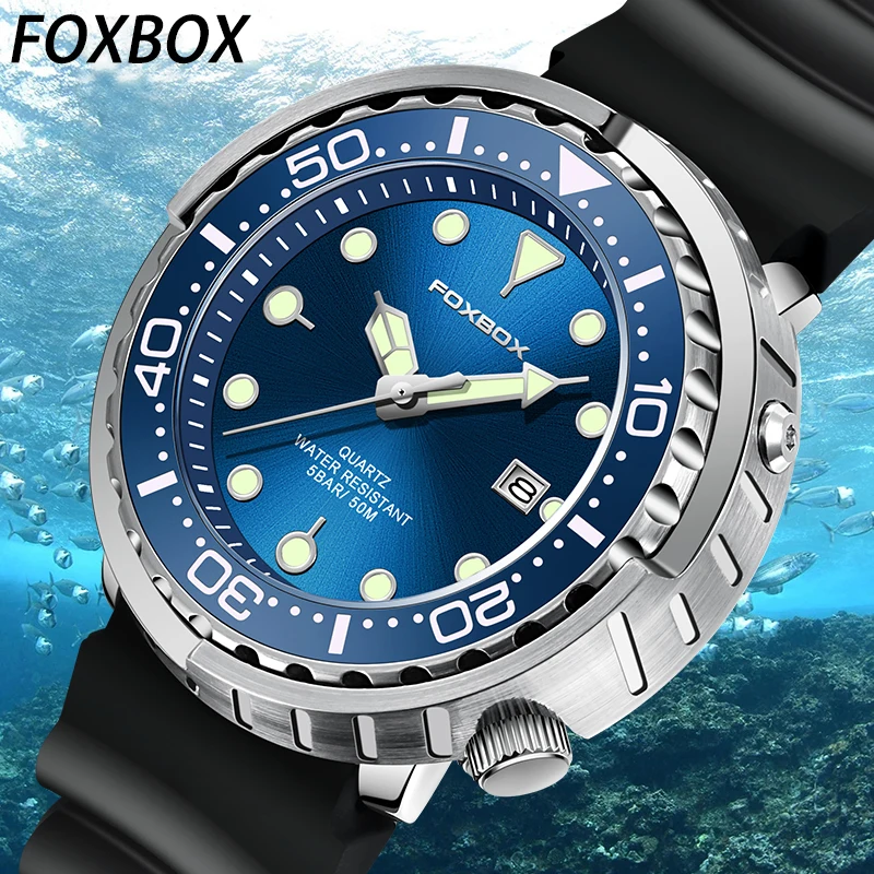 FOXBOX  Top Brand Fashion Diver Watch Men 50ATM Waterproof Date Clock Sport Watches Mens Quartz Wristwatch Relogio Masculino
