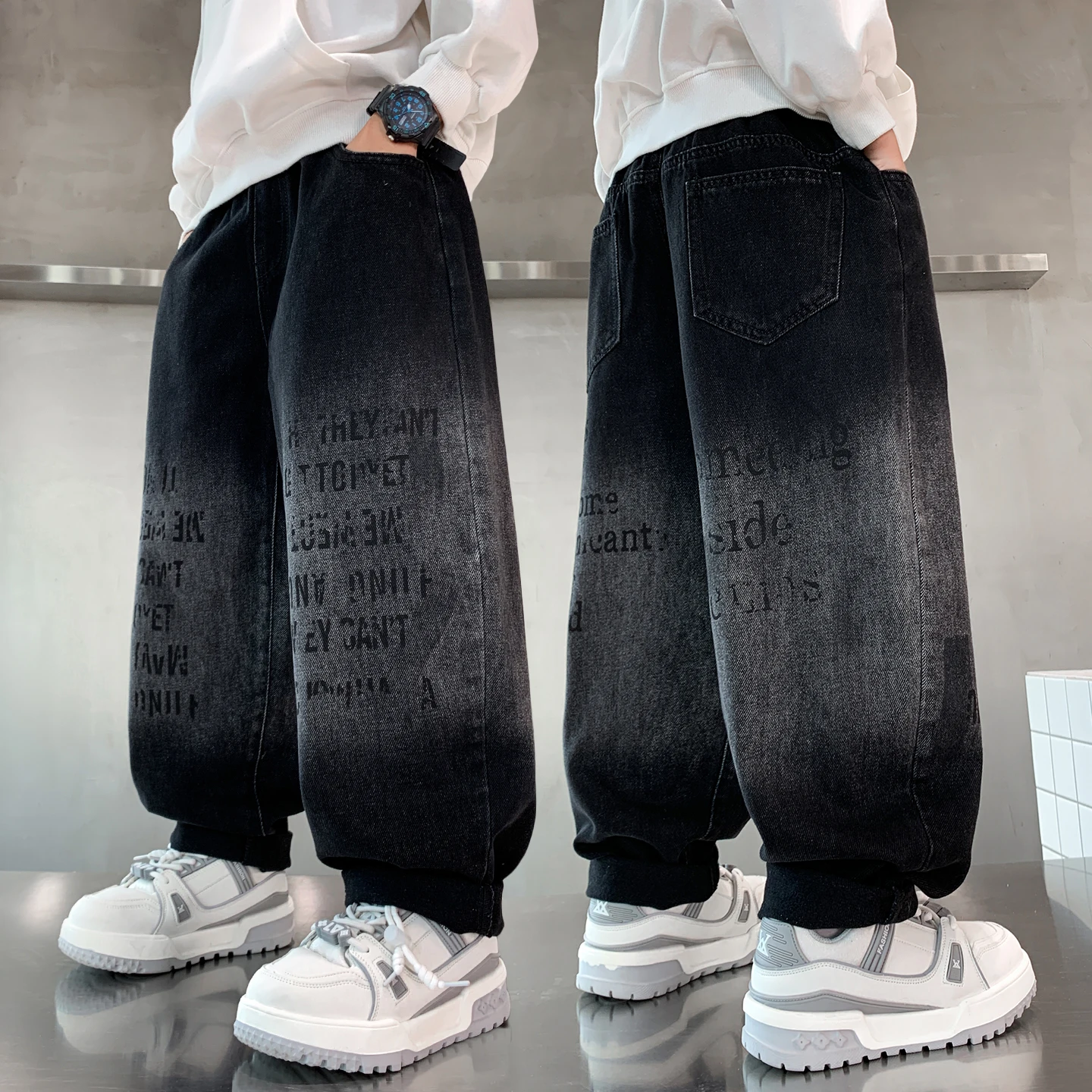 

Vintage Heavy Boys Black Distressed Jeans With Letter y2k Clothes Kids Child Harajuku Hip Hop Baggy Denim Pants Casual Trousers