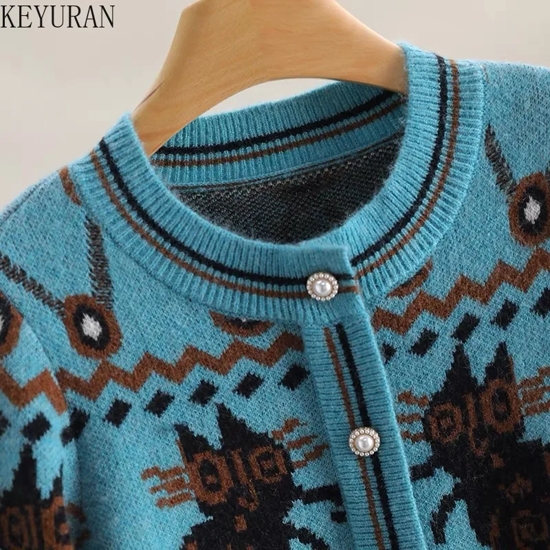 Vintage Jacquard Buttons Sweater Women Spring Autumn Fashion O-neck Long Sleeve Knitted Cardigan Coat Femme Knitwear Tops Jumper
