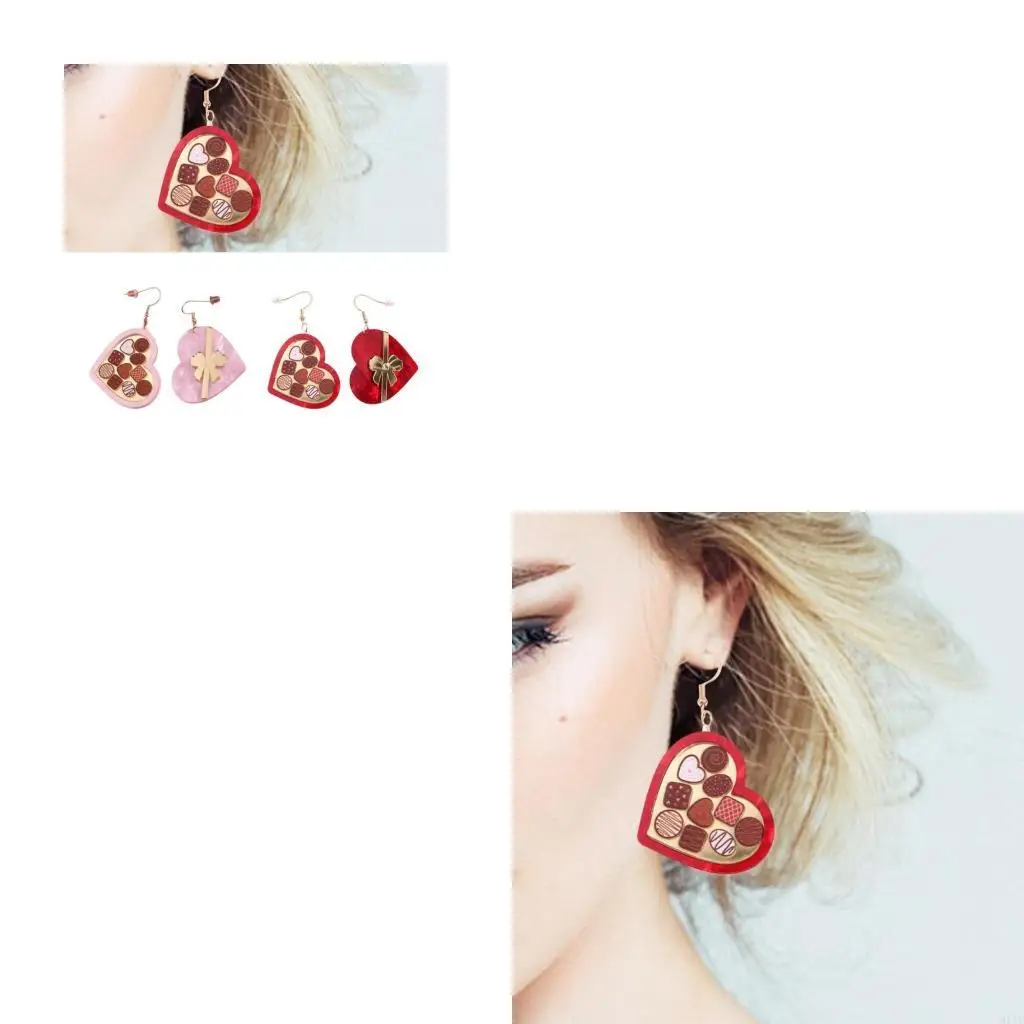91AF Chocolate Gift Box Heart Earrings with Bowknot Trendy Women Ear Studs Valentine's Day Jewelry Stylish Anniversary Gift