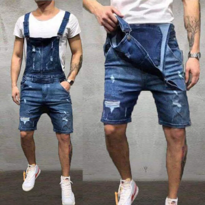 Spring Summer Men\'s Suspender Denim Jumpsuit Solid Color Fashion Jeans Pants Shorts