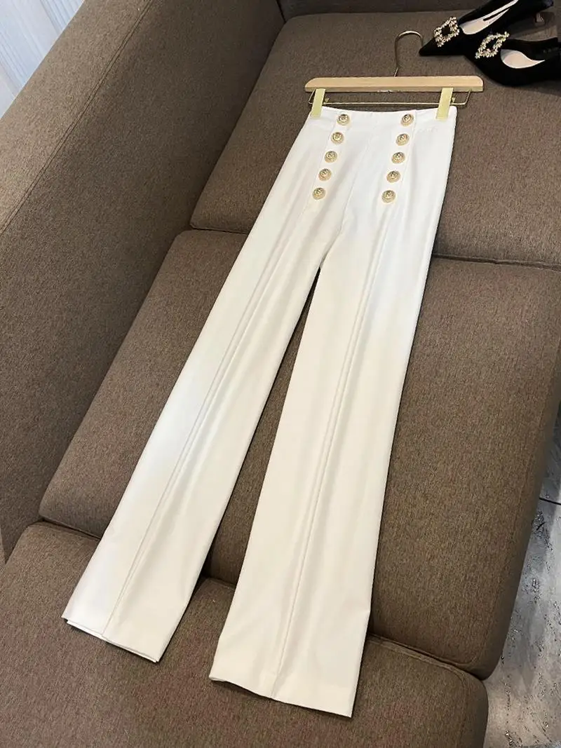 Busin Commute Faion Casual Straight Leg Women's Trousers Double Row Loose D6339 High Waist Asymmetric Button Detail