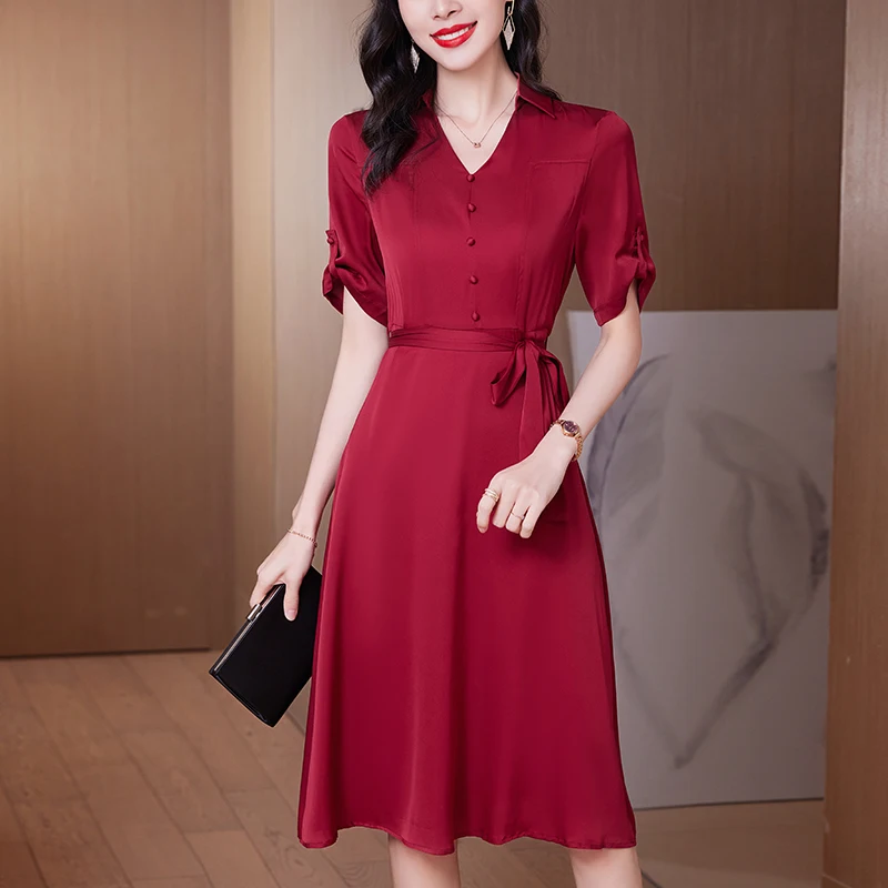 Summer 2026 Elegant Fashion V-neck Short Sleeve Solid Women's Long Midi Dress A-line 19 Momme Real Silk Dresses for Women