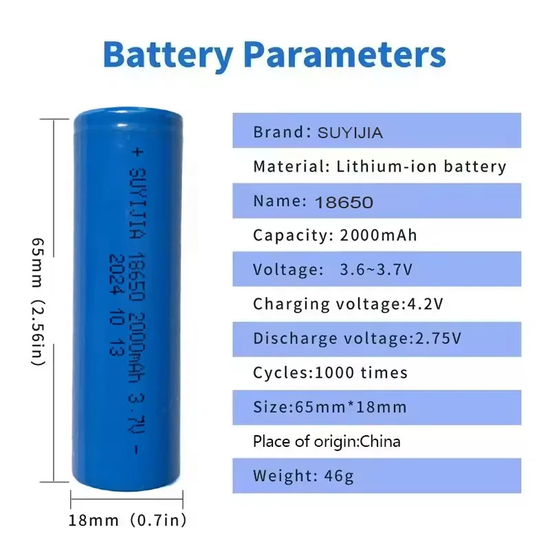 18650 Rechargeable Battery with Charger 2000mAh 3.7V Li-ion Batteries for Electric Pointer Doorbell Flashlight Lithium Battery