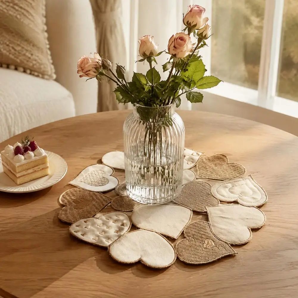 Heart Shaped Placemats for Dining Table Heart Round Placemat Vintage Embroidered Hollow-out Table Mat for Dining for Dinner