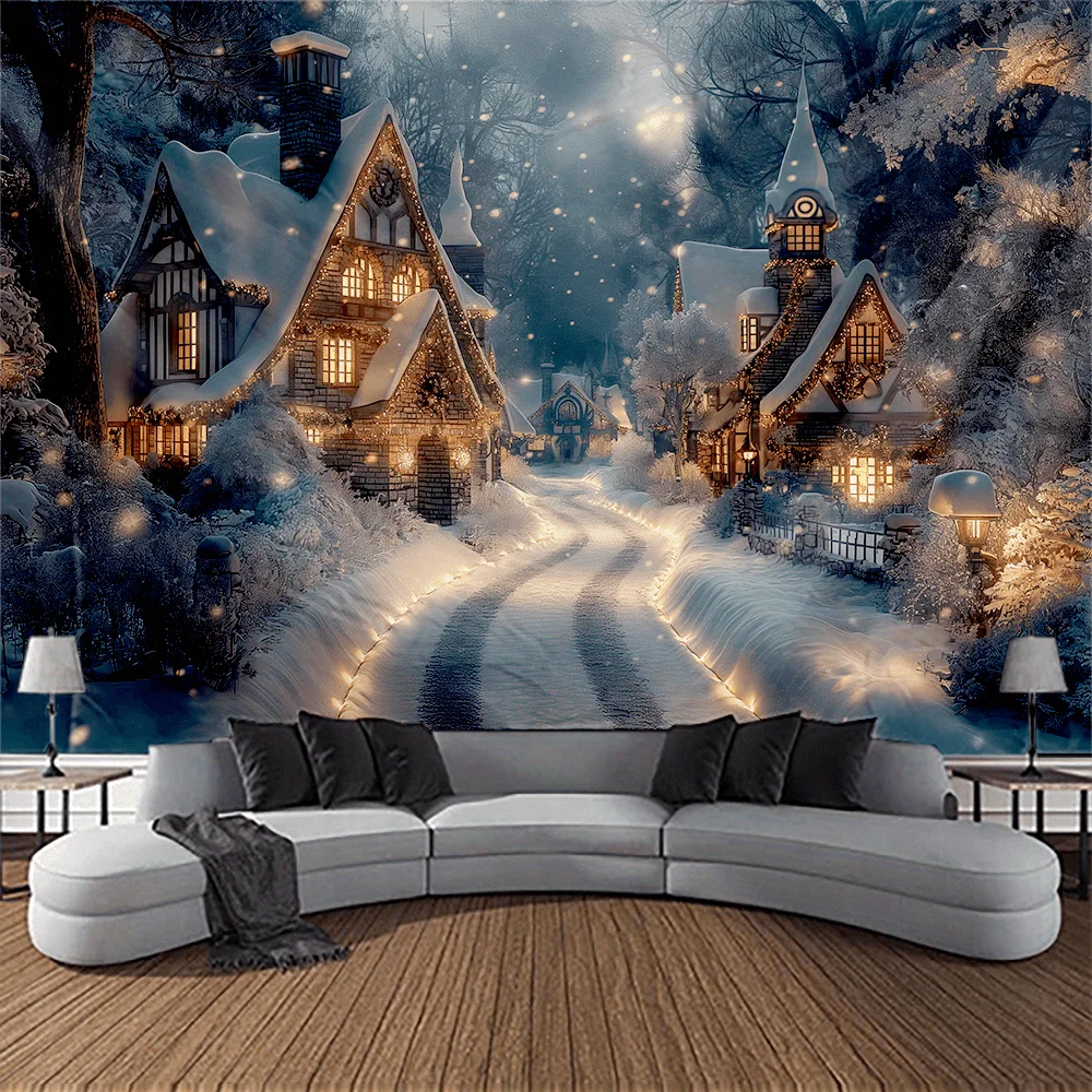 Christmas New Year Snow City Wall Hanging Winter Scenery Easy to Hang Polyester Decoration for Festive Atmosphere Christmas Gift