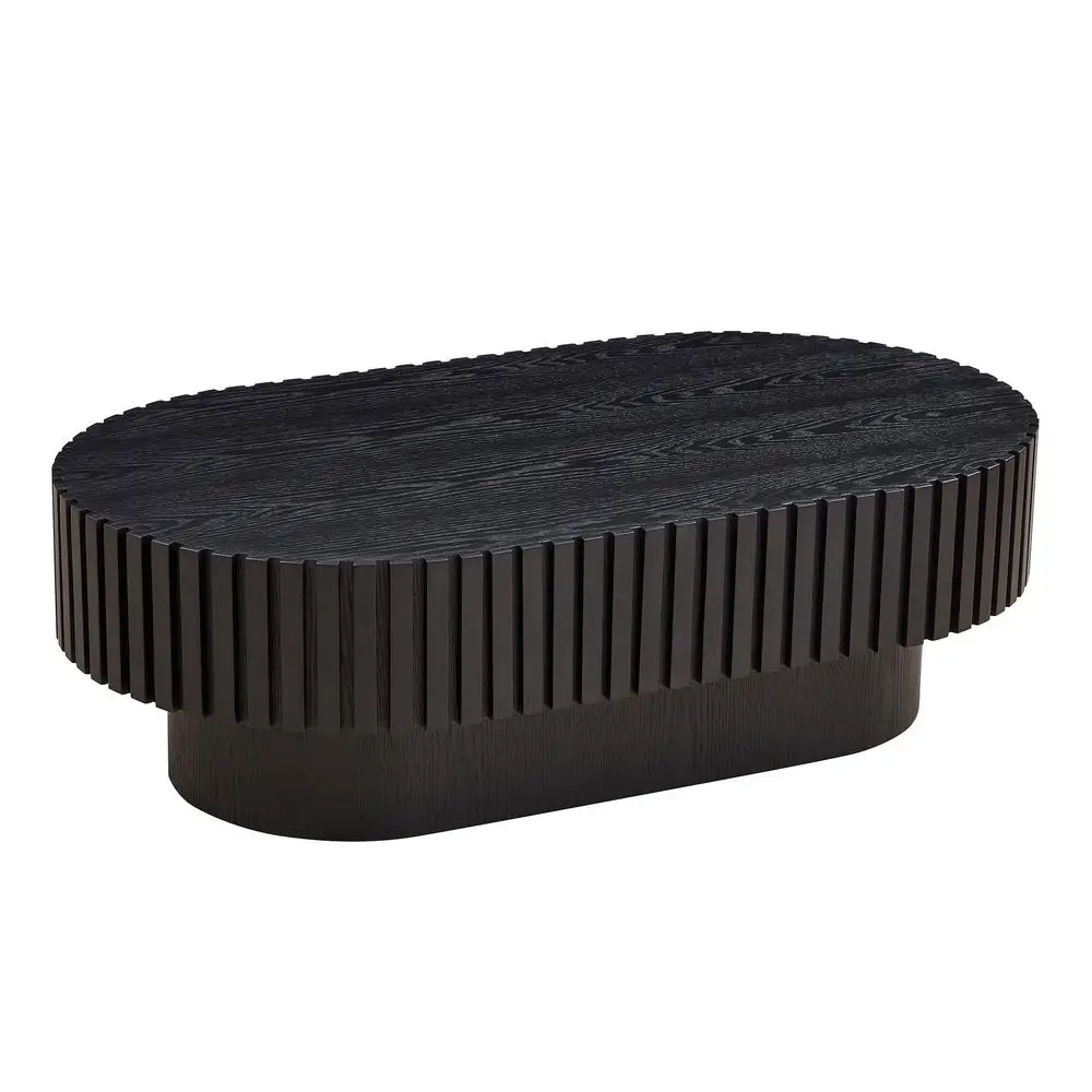 

43.7" Oval Drum Coffee Table Modern Handcraft Wood Veneer Pedestal Table Black