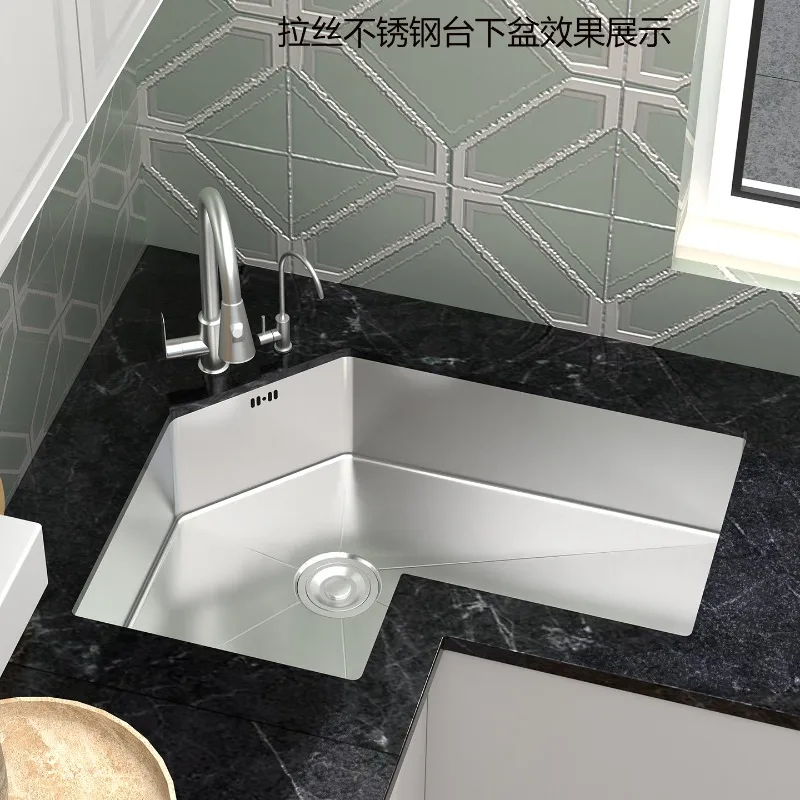 L‑Shape Corner Kitchen Sink 304 Stainless Steel Handmade Single Bowl Custom Offset Angle Washing Basin For Home Kitchen