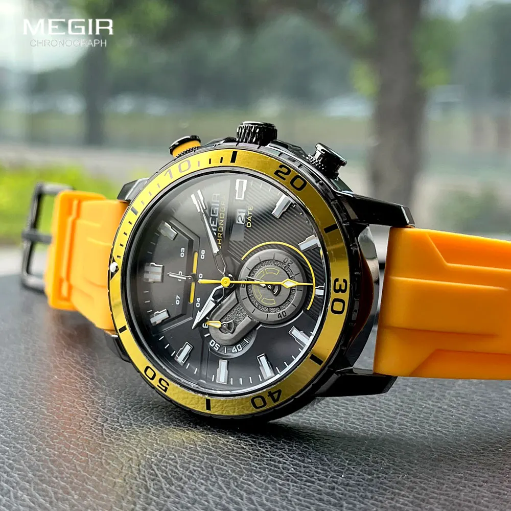 MEGIR Yellow Sport Quartz Watch for Men Fashion Waterproof Chronograph Wristwatch with Silicone Strap Auto Date Luminous Hands