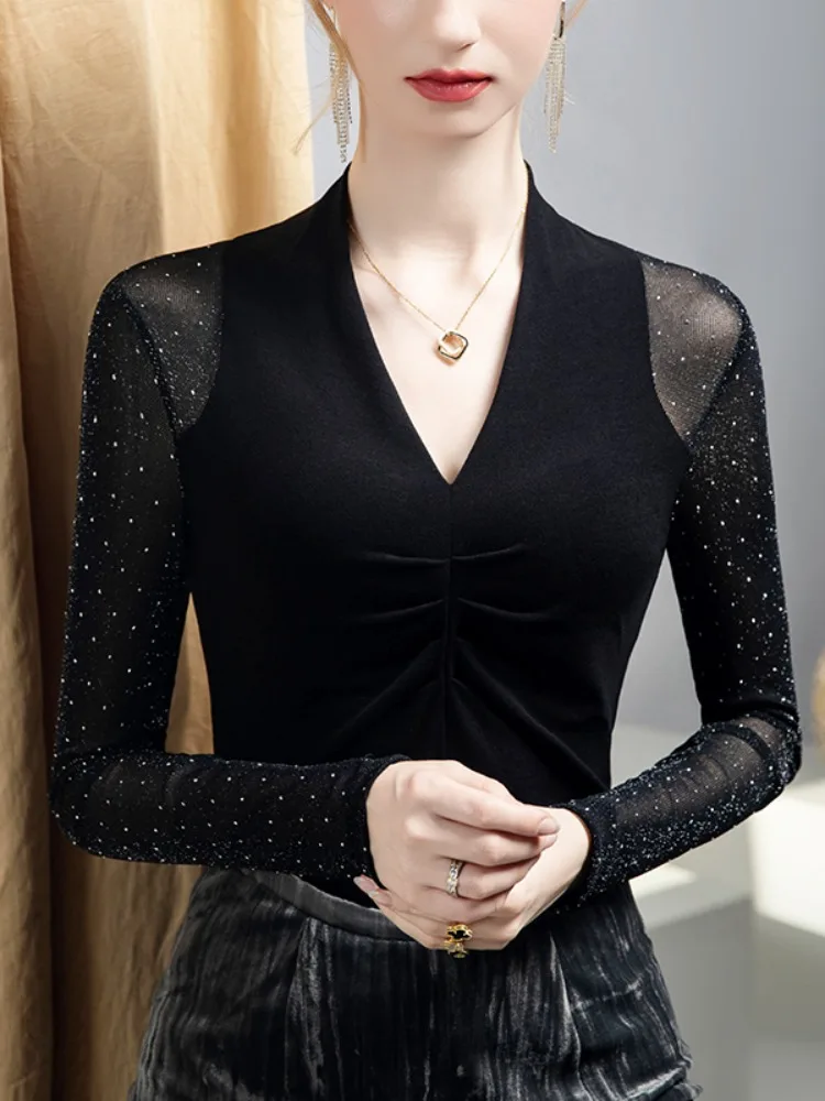 

Elegant V-Neck Long Sleeve Top Women Black Rhinestone Lace T-Shirt Chic Basic Blouse 2025 Fall Winter New Arrival