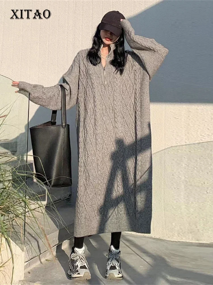 XITAO Vintage Pleated Dress Knitted Goddess Fan Pullover Full Sleeve Solid Color Minority Loose 2022 Winter Dress SMH1214