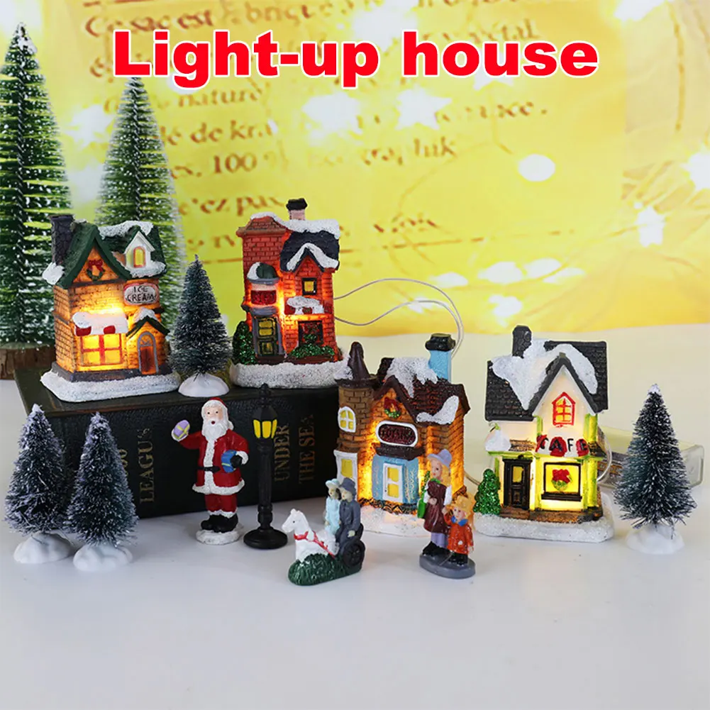 12 Pcs Mini Resin Christmas Winter Village Houses Battery Operated Lighted LED Christmas Miniature Ornament Christmas Theme Gift