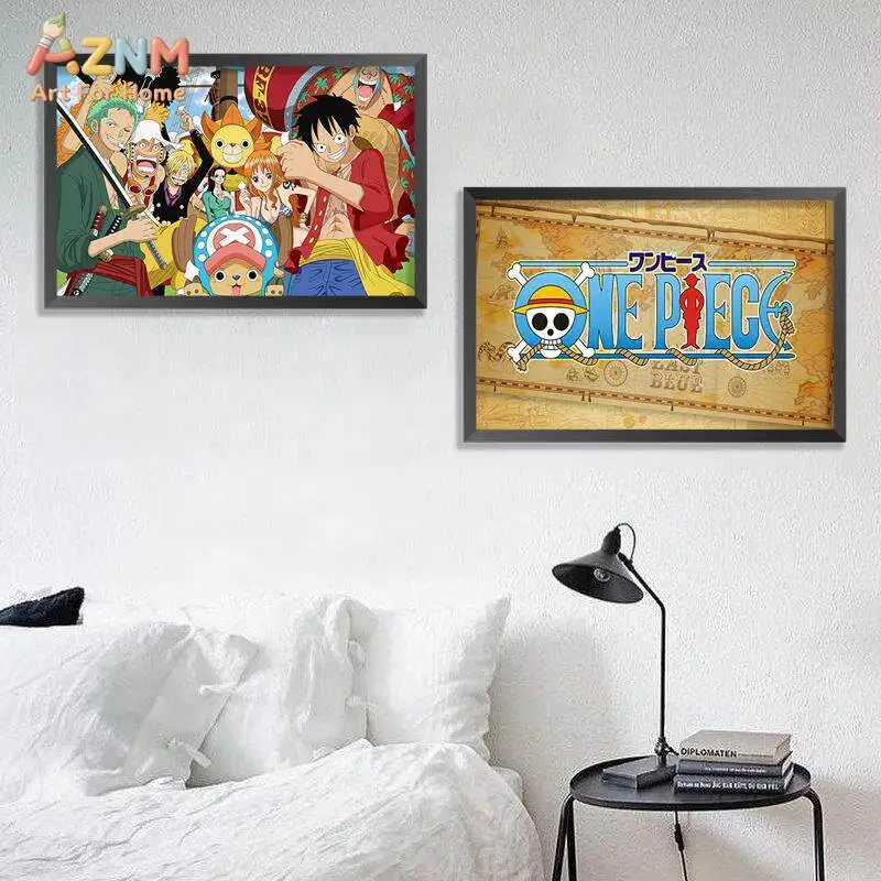 AZNM One Piece Straw Hat Pirates Crew All Characters Anime Manga Frameless Canvas Wall Art, Home Living Room Decor Painting