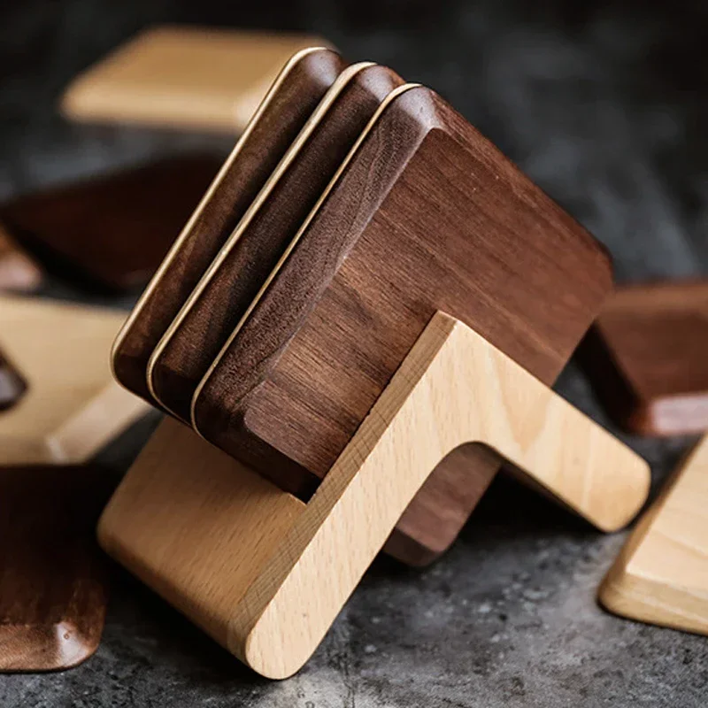 

Square Wood Cup Mat 6Pcs Coaster Set Drink Coaster Table Placemat Coffee Cup Coasters with Holder Kitchen Decoration Accessories