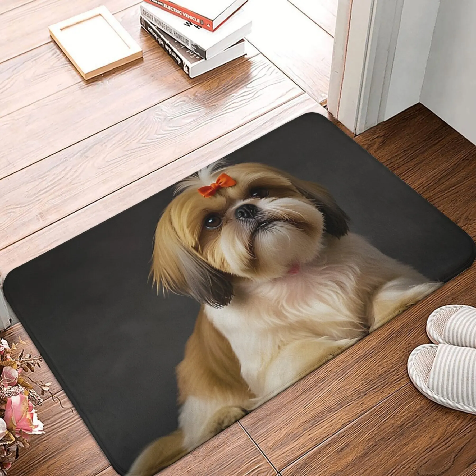 Adorable Shih Tzu Rectangular Area Rug, Cute Dog Portrait Floor Mat, Non-Slip Washable Home Carpet for Bedroom & Entryway