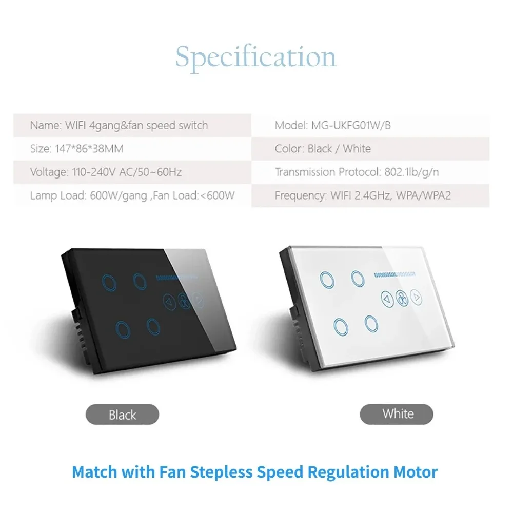 Melery Wifi Smart Tuya Light 4Gang Switch Fan Speed Interruptor Glass Touch Sensor Panel Power Monitor Remote Alexa Google Home