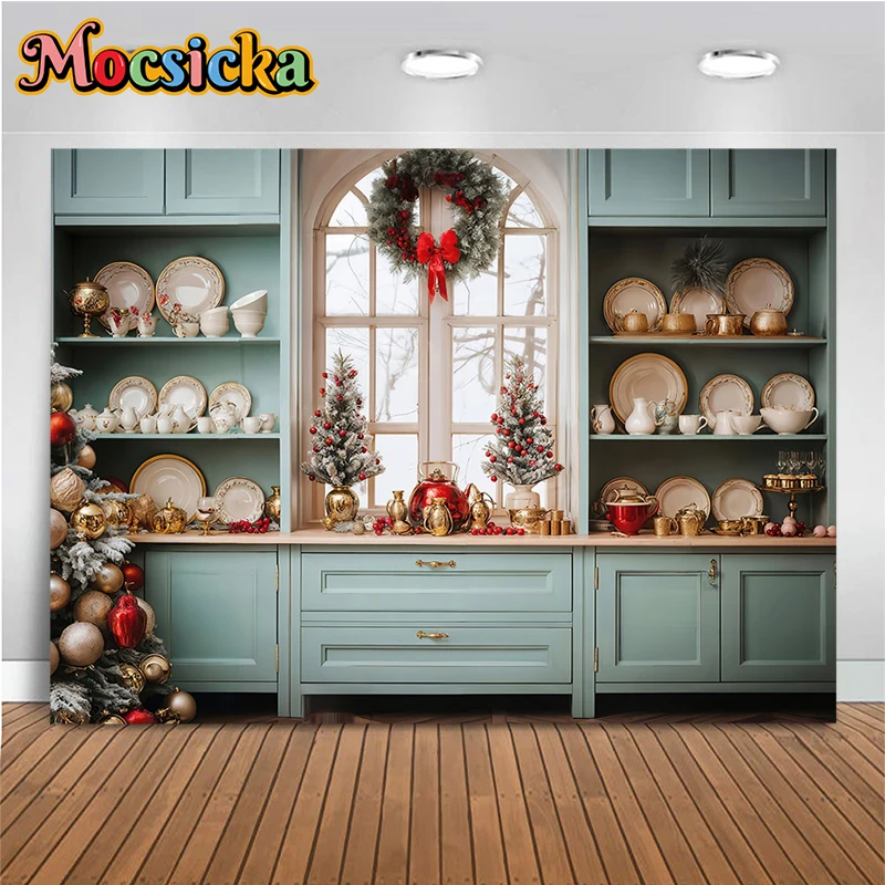 Mocsicka Christmas Kitchen Background Photography Xmas Tree Dish Cupboard Decorations Baby Family Party Backdrops Shooting Props