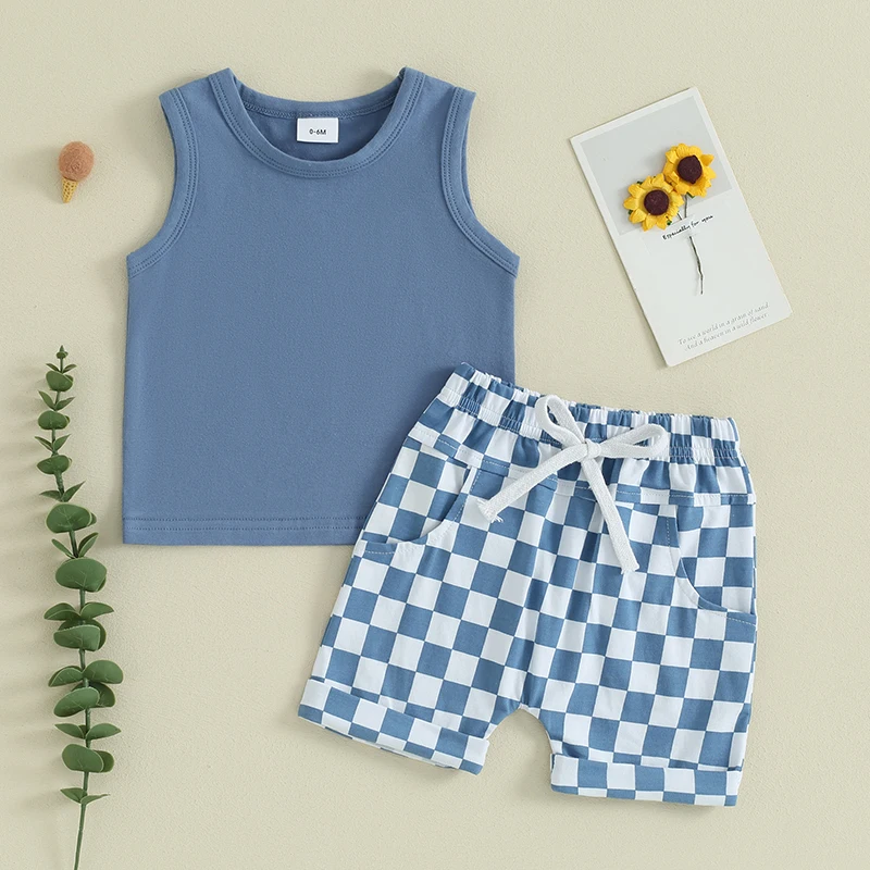 

BeQeuewll Toddler Boys Summer Outfits Solid Color Sleeveless Tank Tops and Checkerboard Elastic Waist Shorts 2Pcs Clothes Set