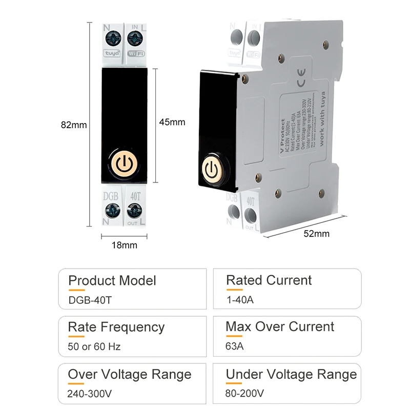 1P 63A Tuya Smart WiFi Circuit Breaker Timer Power Energy kWh Current Meter Over Under Voltage Protector Remote Control Switch