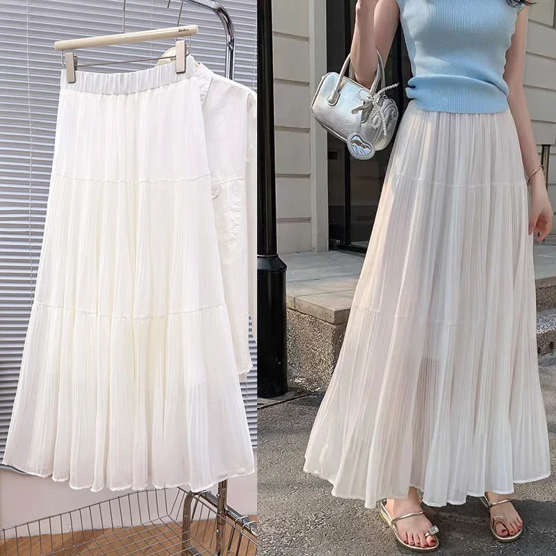 新しいシフォンスイングスカート春夏Aラインスカート女性服ソリッド弾性ウエストルーズプリーツケーキスカート