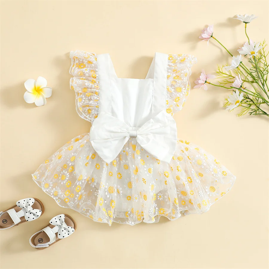 

Infant Baby Girl Bodysuit Dress Summer Ruffle Fly Sleeve Bow Princess Dress Children's Clothing