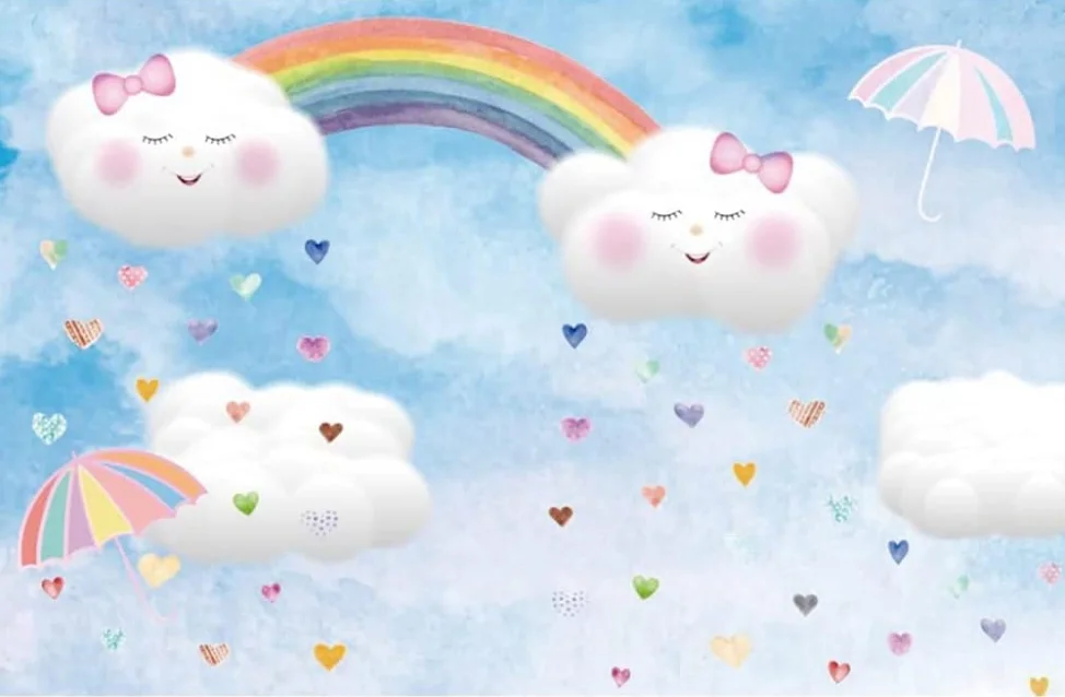 Cartoon Rainbow White Clouds Backdrop Blue Sky Sweet Umbrella Hearts Smile Face Clouds Photography Background