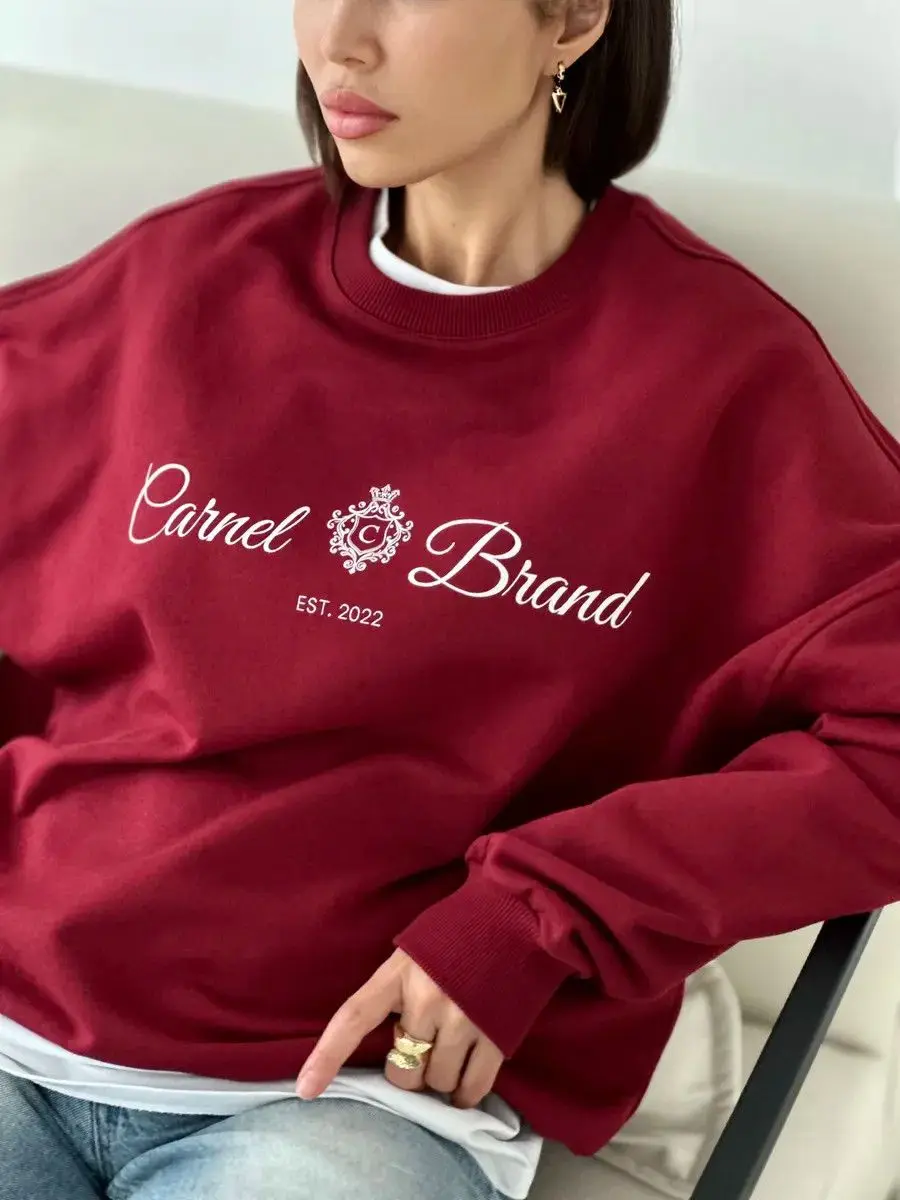 French Trendy Wine Red Sweater Crew Neck Large Size Sweatshirts Retro Badge Printed Simple Autumn Top Elegant All-match Winter