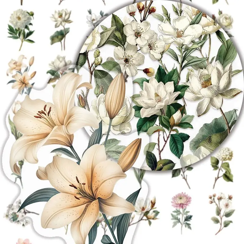 50pcs Vintage Watercolor Floral Stickers Ins Style Fresh Girly PET Decals for DIY Journaling Scrapbooking Phone Cases Waterproof
