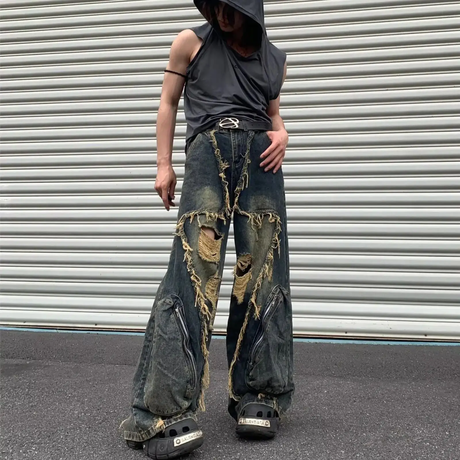 

Vintage High Street Hole Ripped Pants Y2k Gothic Loose Baggy Jeans For Men Blue Denim Trousers Safari Punk Man Clothes Clothing