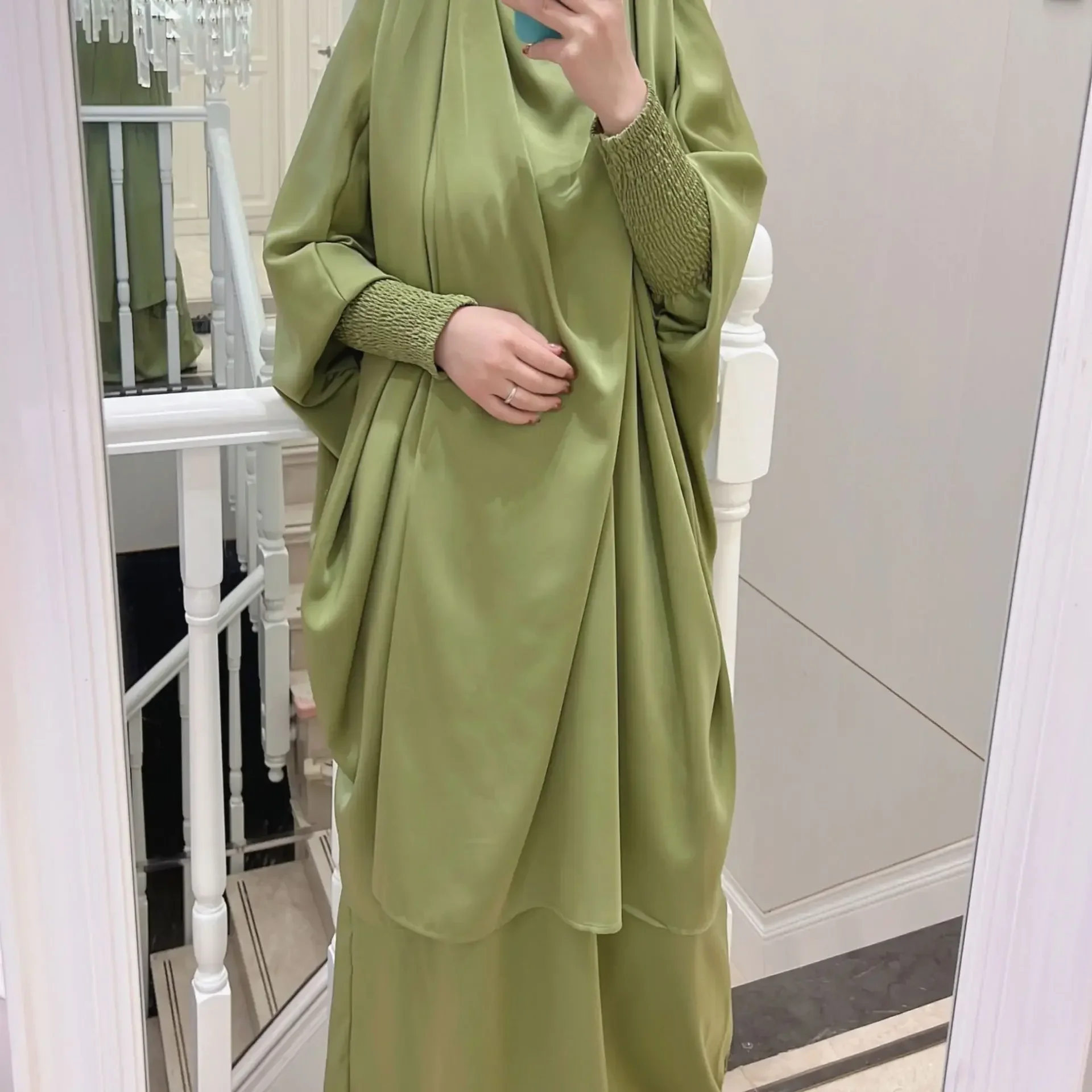 Satin Abaya and Khimar Set for Women Jilbab 2 Piece Islamic Hooded Abayas Ramadan Eid Muslim Prayer Garment Dubai Turkey Burqa